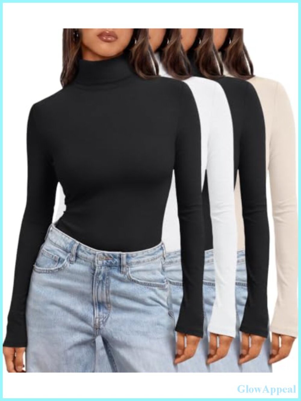 4 Pack Womens Turtleneck Long Sleeve Shirts Slim Fit Basic Tops Rayon Spandex